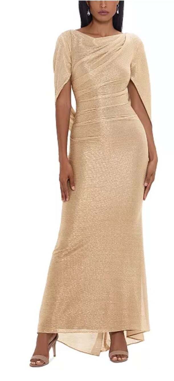 Betsy & Adam Metallic Knit Glitter Draped Cape-Back Gown Size 8